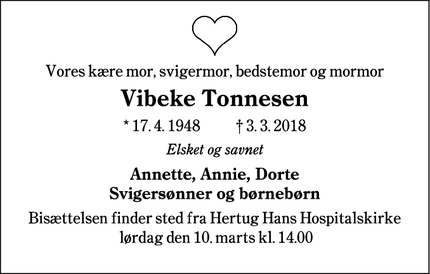 Dødsannoncen for Vibeke Tonnesen - Haderslev