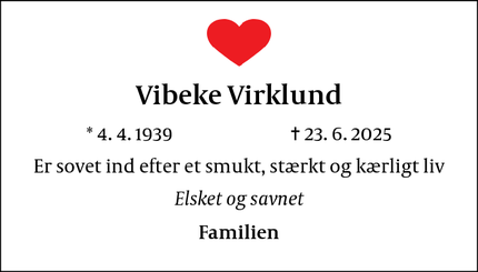 Dødsannoncen for Vibeke Virklund - København