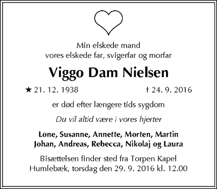 Dødsannoncen for Viggo Dam Nielsen - Espergærde