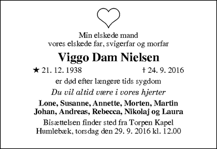 Dødsannoncen for Viggo Dam Nielsen - Espergærde