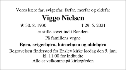 Dødsannoncen for Viggo Nielsen - Gjerlev J