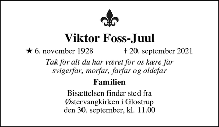 Dødsannoncen for Viktor Foss-Juul - Glostrup