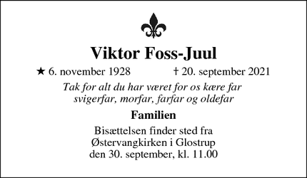 Dødsannoncen for Viktor Foss-Juul - Glostrup