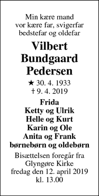 Dødsannoncen for Vilbert
Bundgaard
Pedersen - Glyngøre