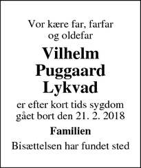Dødsannoncen for Vilhelm Lykvad - Brøndbyvester