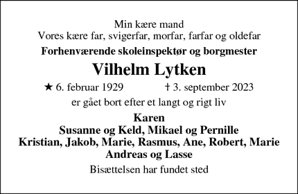 Dødsannoncen for Vilhelm Lytken - Hobro