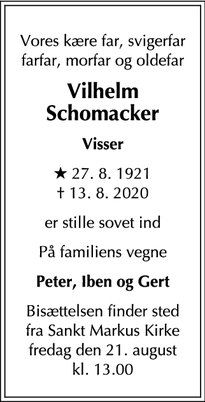 Dødsannoncen for Vilhelm Schomacker - Hillerød