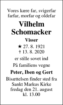 Dødsannoncen for Vilhelm Schomacker - Hillerød