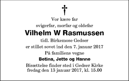 Dødsannoncen for Vilhelm W Rasmussen - Idestrup