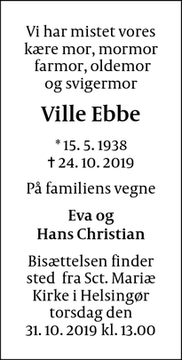 Dødsannoncen for Ville Ebbe - Helsingør