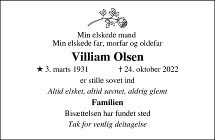 Dødsannoncen for Villiam Olsen - Slagelse