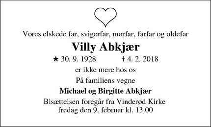 Dødsannoncen for Villy Abkjær - Frederiksværk