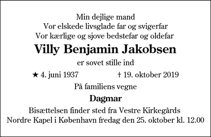 Dødsannoncen for Villy Benjamin Jakobsen - København