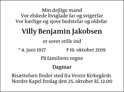 Dødsannoncen for Villy Benjamin Jakobsen - København