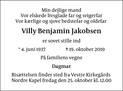 Dødsannoncen for Villy Benjamin Jakobsen - København
