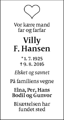 Dødsannoncen for Villy F. Hansen - København