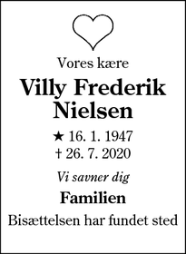 Dødsannoncen for Villy Frederik
Nielsen - Sønderborg