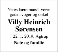 Dødsannoncen for Villy Heinrich Sørensen - Agtrup