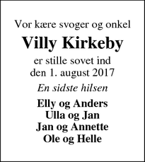 Dødsannoncen for Villy Kirkeby - Hee, 6950 Ringkøbing