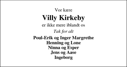 Dødsannoncen for Villy Kirkeby - Hee