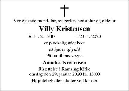 Dødsannoncen for Villy Kristensen - Skive