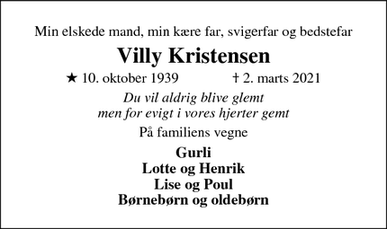Dødsannoncen for Villy Kristensen - HEDENSTED