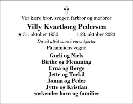 Dødsannoncen for Villy Kvartborg Pedersen - Skibbild