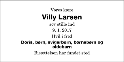 Dødsannoncen for Villy Larsen - Sakskøbing, Danmark