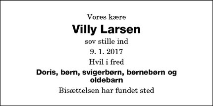 Dødsannoncen for Villy Larsen - Sakskøbing, Danmark