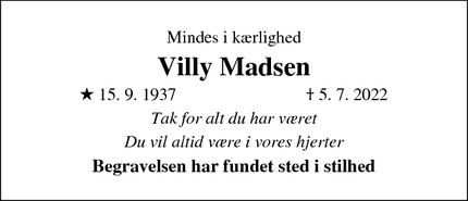 Dødsannoncen for Villy Madsen - Store Heddinge
