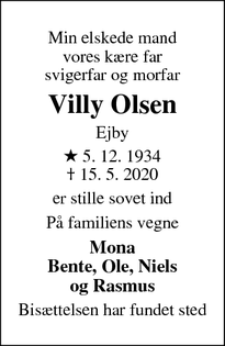 Dødsannoncen for Villy Olsen - Kirke Hyllinge