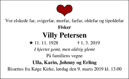 Dødsannoncen for Villy Petersen - Køge