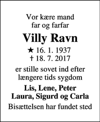 Dødsannoncen for Villy Ravn - Hasselager