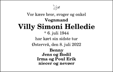 Dødsannoncen for Villy Simoni Helledie - Østervrå
