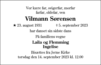 Dødsannoncen for Vilmann Sørensen - Esbjerg