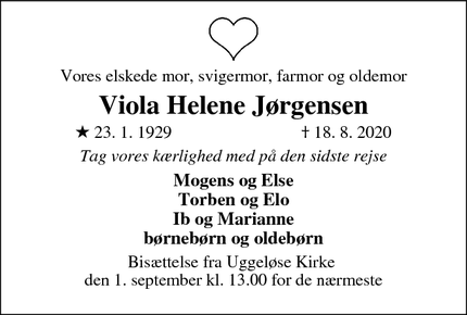 Dødsannoncen for Viola Helene Jørgensen - 3540 Lynge