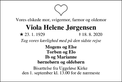 Dødsannoncen for Viola Helene Jørgensen - 3540 Lynge