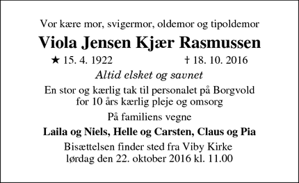 Dødsannoncen for Viola Jensen Kjær Rasmussen - Viby