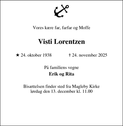 Dødsannoncen for Visti Lorentzen - KALVEHAVE