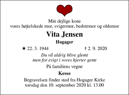 Dødsannoncen for Vita Jensen - Hogager