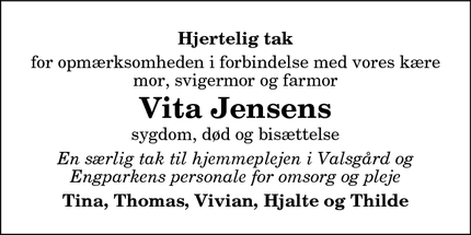 Dødsannoncen for Vita Jensens - Rørbæk