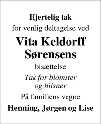 Taksigelsen for Vita Keldorff
Sørensens - HELSINGE