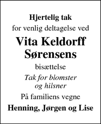 Taksigelsen for Vita Keldorff
Sørensens - HELSINGE