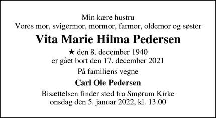 Dødsannoncen for Vita Marie Hilma Pedersen - Smørum