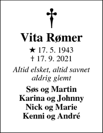 Dødsannoncen for Vita Rømer - Rønne