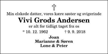Dødsannoncen for Vivi Grods Andersen - Silkeborg