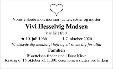 Dødsannoncen for Vivi Hesselvig Madsen - Ikast