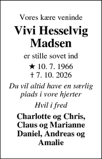 Dødsannoncen for Vivi Hesselvig
Madsen - Herning