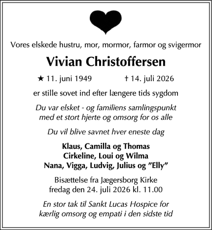 Dødsannoncen for Vivian Christoffersen - Gentofte