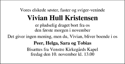 Dødsannoncen for Vivian Hull Kristensen - Snekkersten